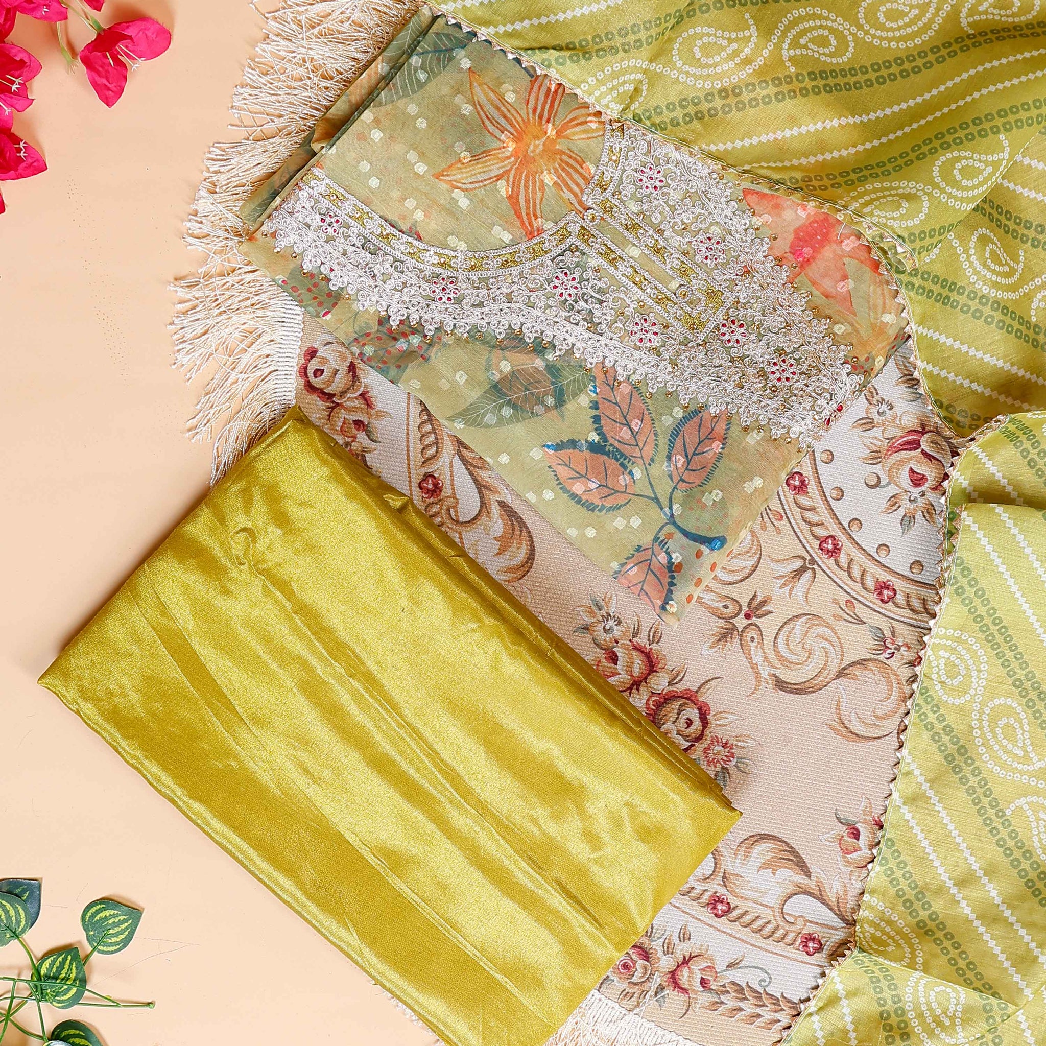 Women's Elegant Floral & Paisley Print Salwar Suit Material with Intricate Neck Embroidery - Green