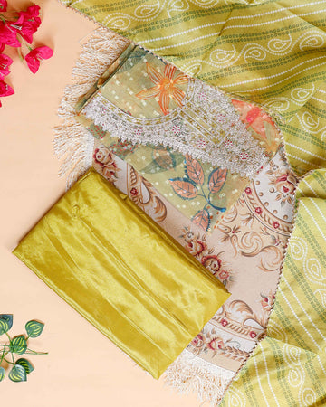 Women's Elegant Floral & Paisley Print Salwar Suit Material with Intricate Neck Embroidery - Green