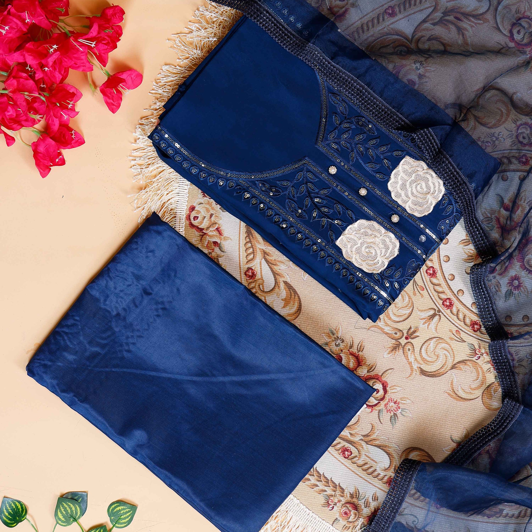 Women's Embroidered Floral Motif Salwar Suit Material with Dupatta - Navy Blue