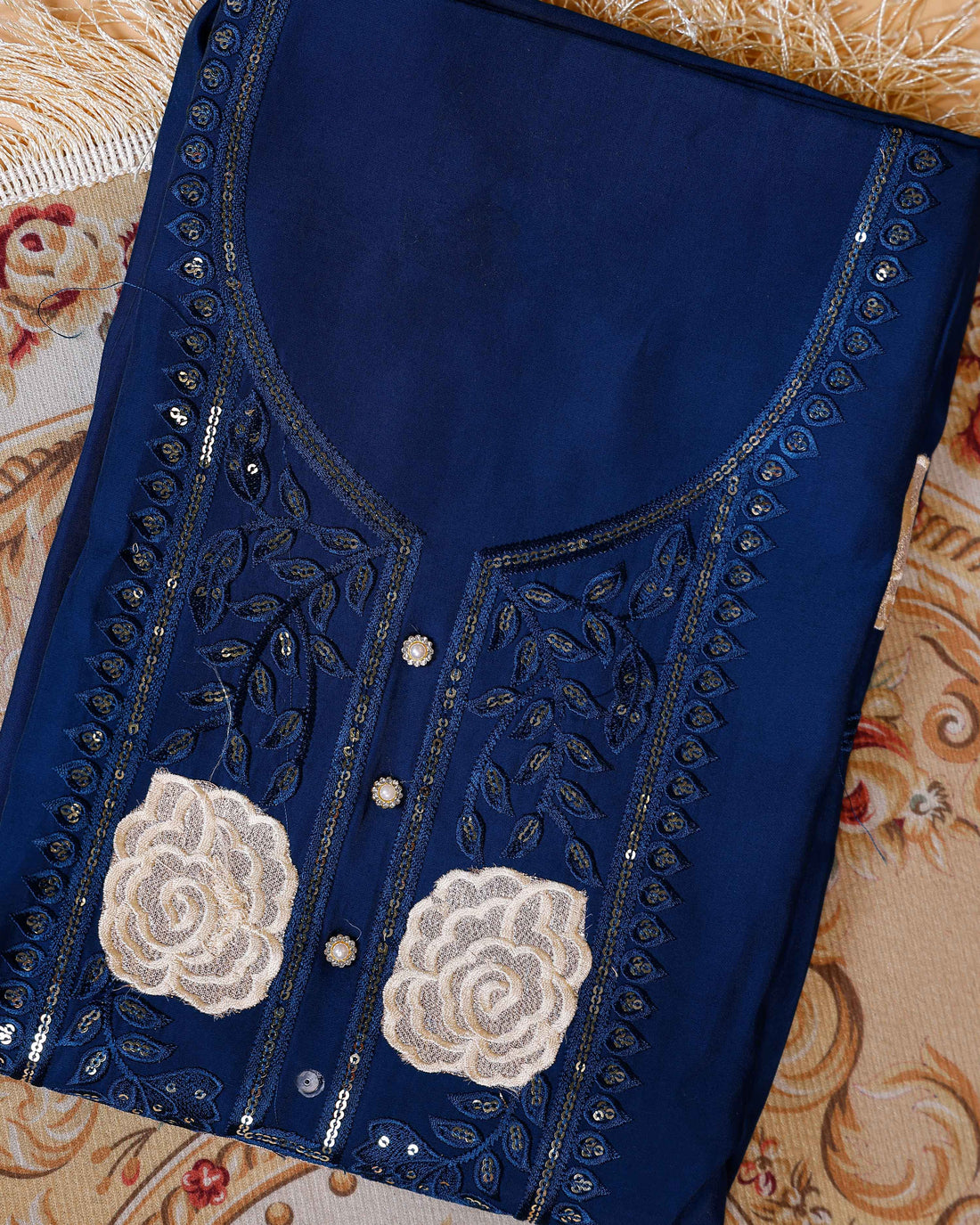 Women's Embroidered Floral Motif Salwar Suit Material with Dupatta - Navy Blue