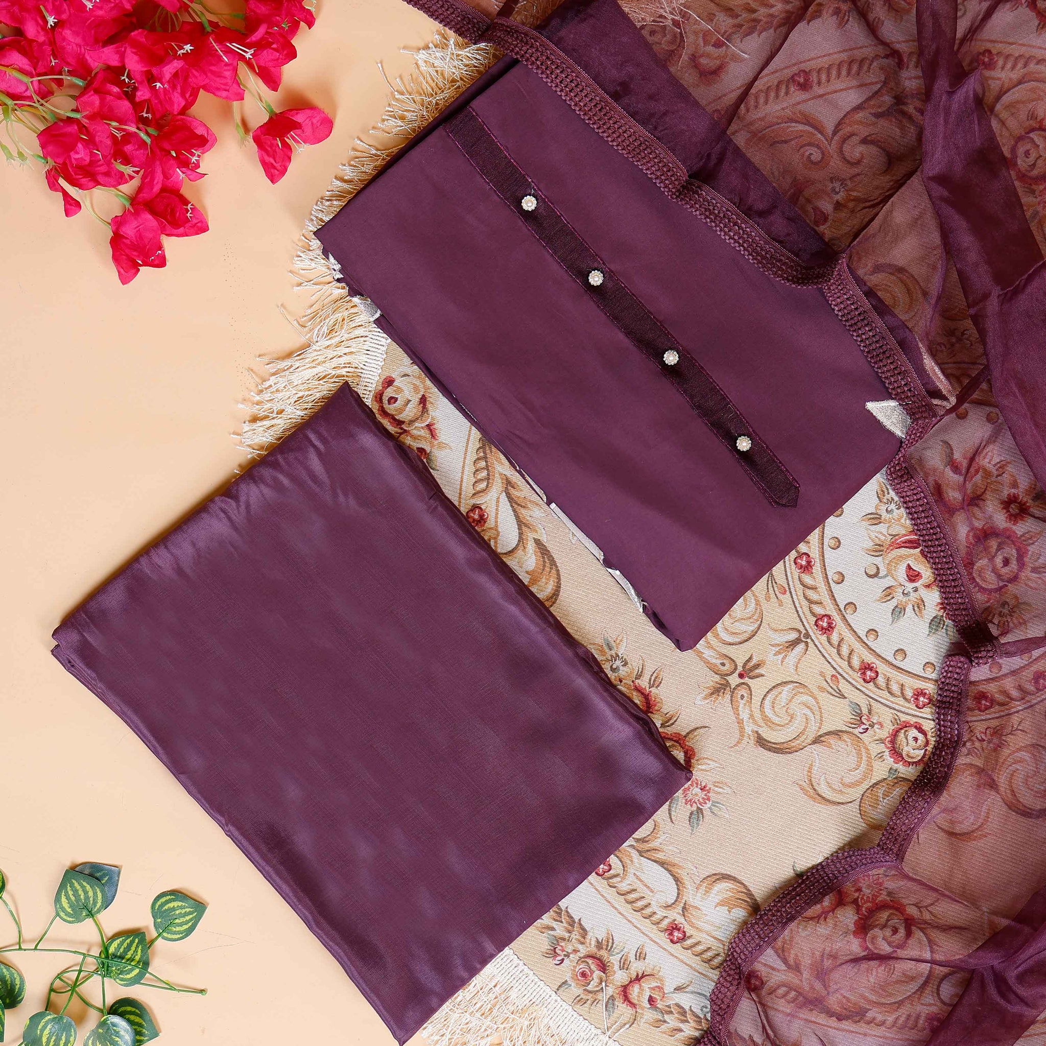 Women's Elegant Unstitched Salwar Suit Material with Embellished Neckline & Printed Dupatta - Purple