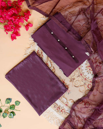 Women's Elegant Unstitched Salwar Suit Material with Embellished Neckline & Printed Dupatta - Purple