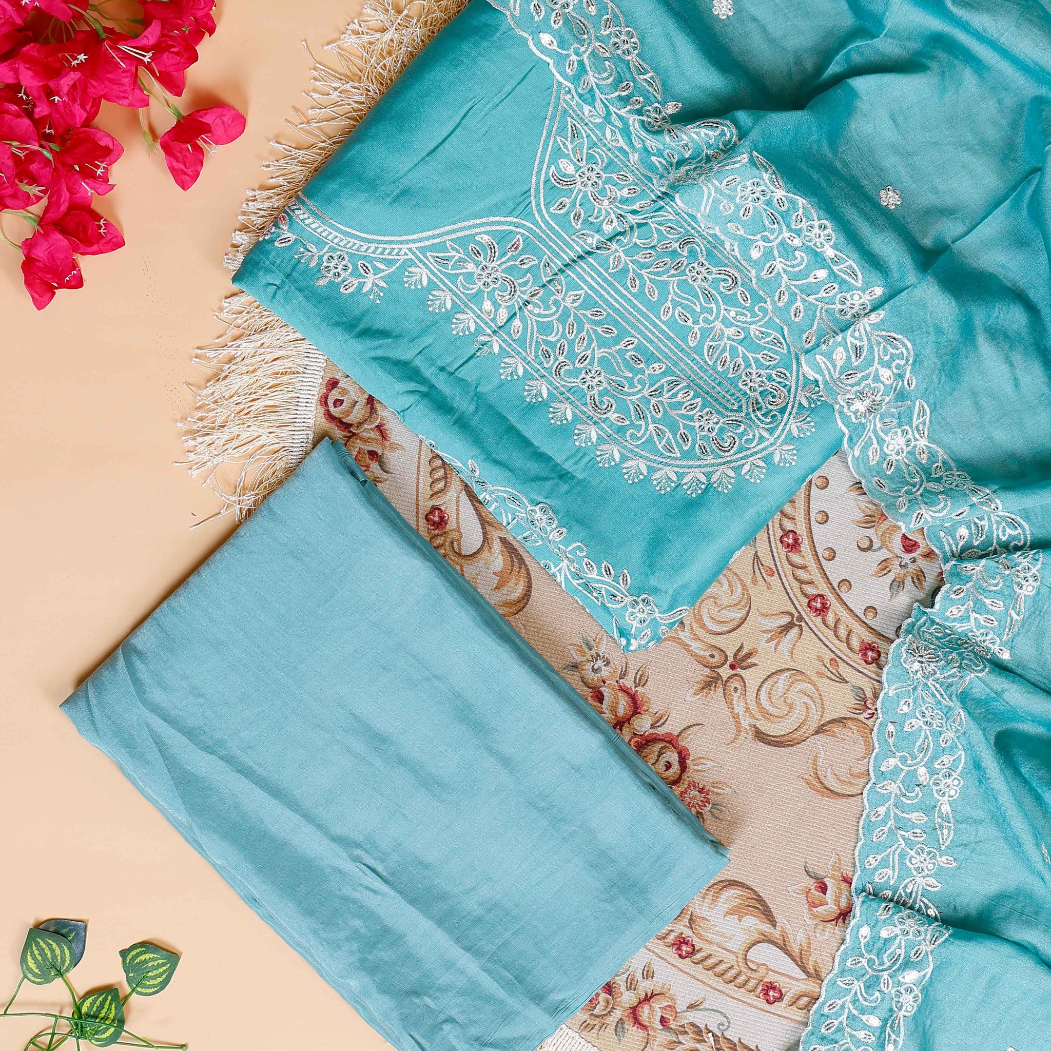 Women's Elegant Unstitched Embroidered Salwar Suit Material with Dupatta - Sky Blue