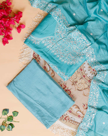 Women's Elegant Unstitched Embroidered Salwar Suit Material with Dupatta - Sky Blue