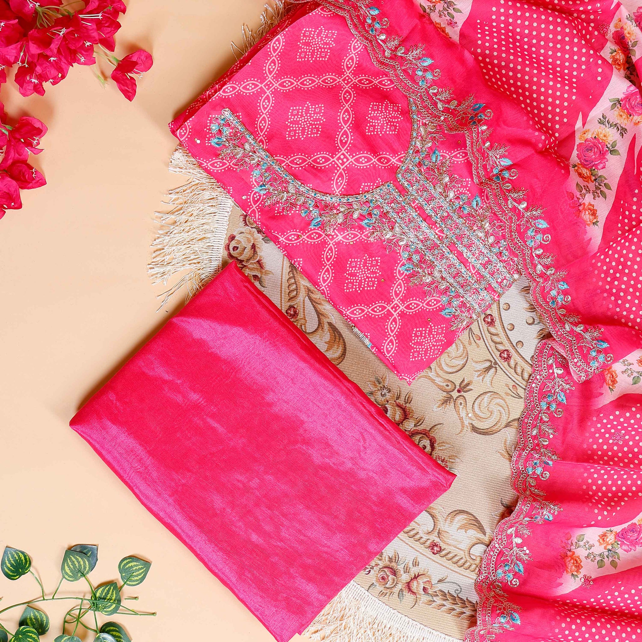 Women's Embroidered Neckline & Printed Unstitched Salwar Material with Coordinated Dupatta - Pink