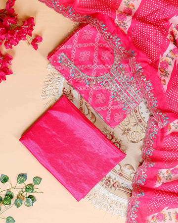 Women's Embroidered Neckline & Printed Unstitched Salwar Material with Coordinated Dupatta - Pink