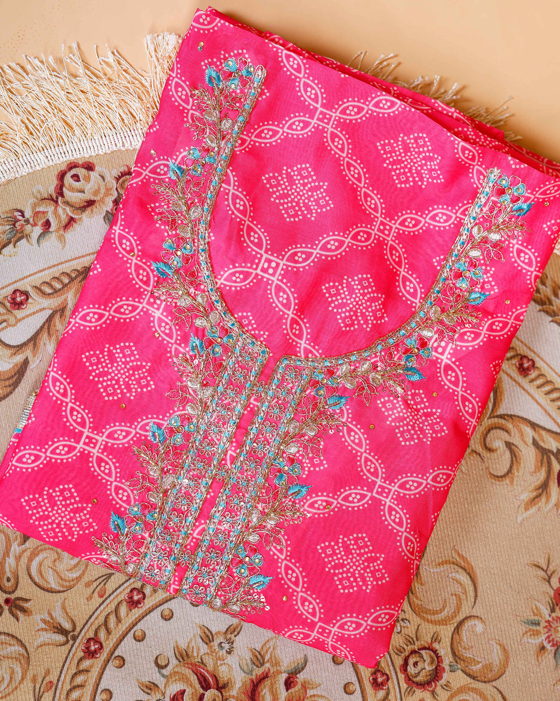 Women's Embroidered Neckline & Printed Unstitched Salwar Material with Coordinated Dupatta - Pink