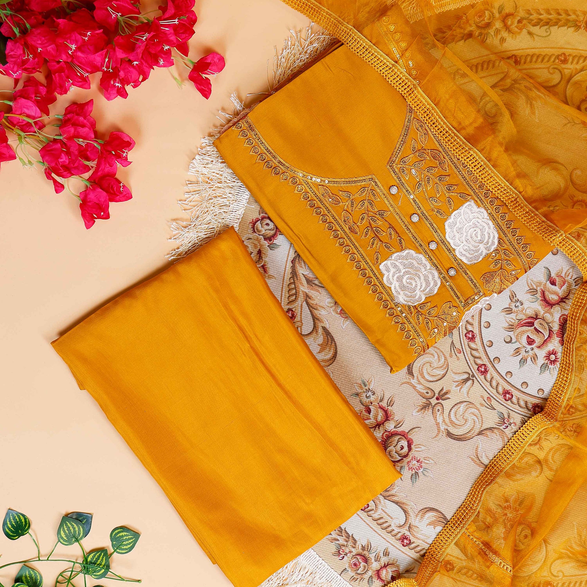 Women's Embroidered Floral Motif Salwar Suit Material with Dupatta - Mustard