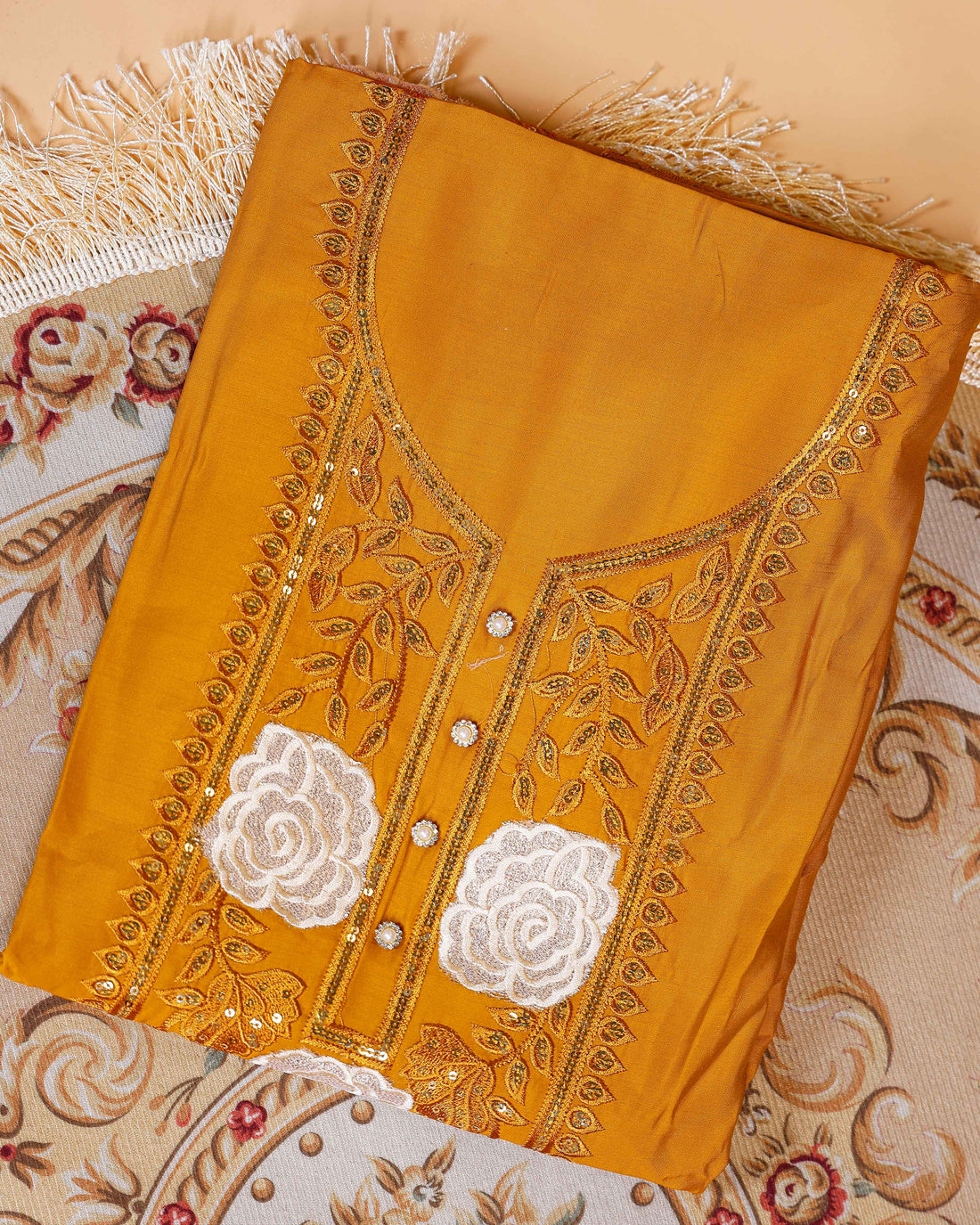 Women's Embroidered Floral Motif Salwar Suit Material with Dupatta - Mustard