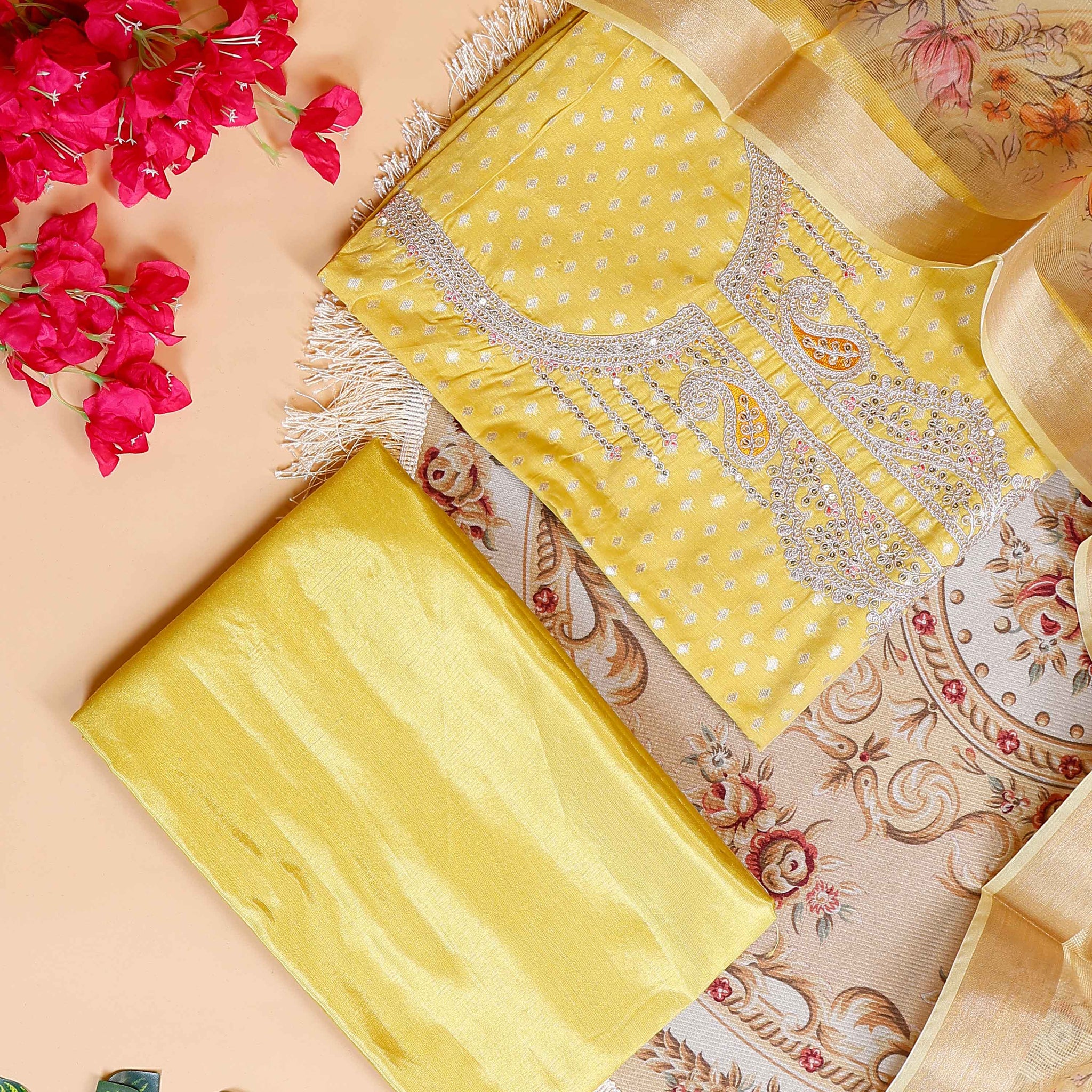 Women's Unstitched Art Silk Salwar Suit Material with Self-Design & Embroidered Neckline - Yellow