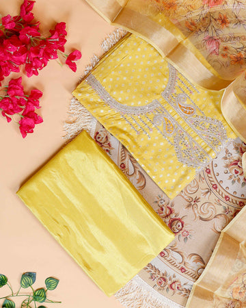 Women's Unstitched Art Silk Salwar Suit Material with Self-Design & Embroidered Neckline - Yellow