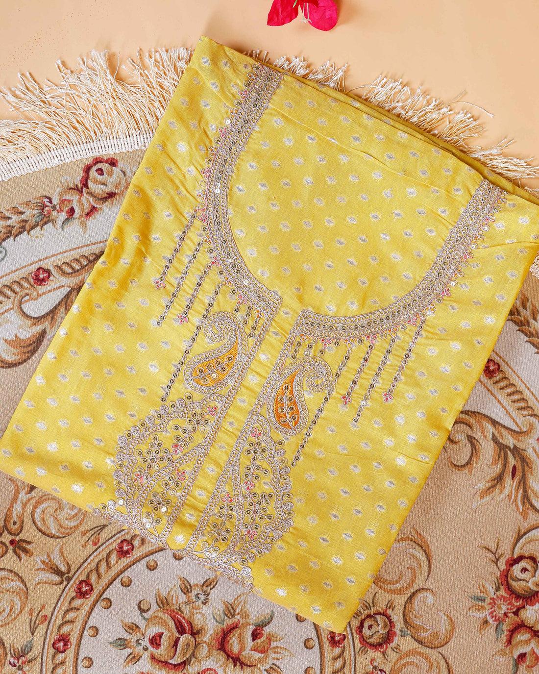 Women's Unstitched Art Silk Salwar Suit Material with Self-Design & Embroidered Neckline - Yellow