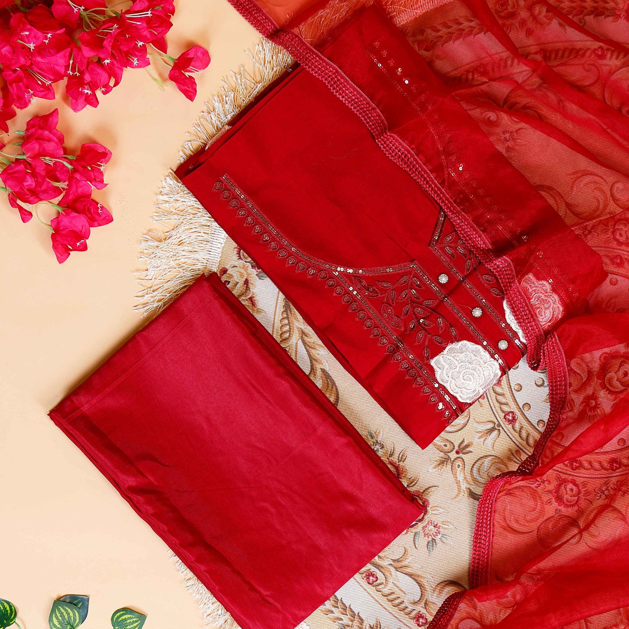 Women's Embroidered Floral Motif Salwar Suit Material with Dupatta - Red