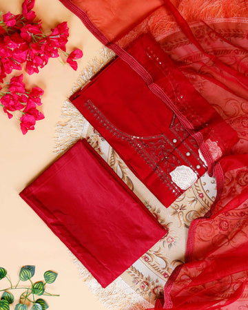 Women's Embroidered Floral Motif Salwar Suit Material with Dupatta - Red