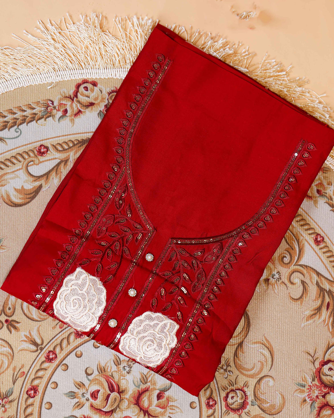 Women's Embroidered Floral Motif Salwar Suit Material with Dupatta - Red