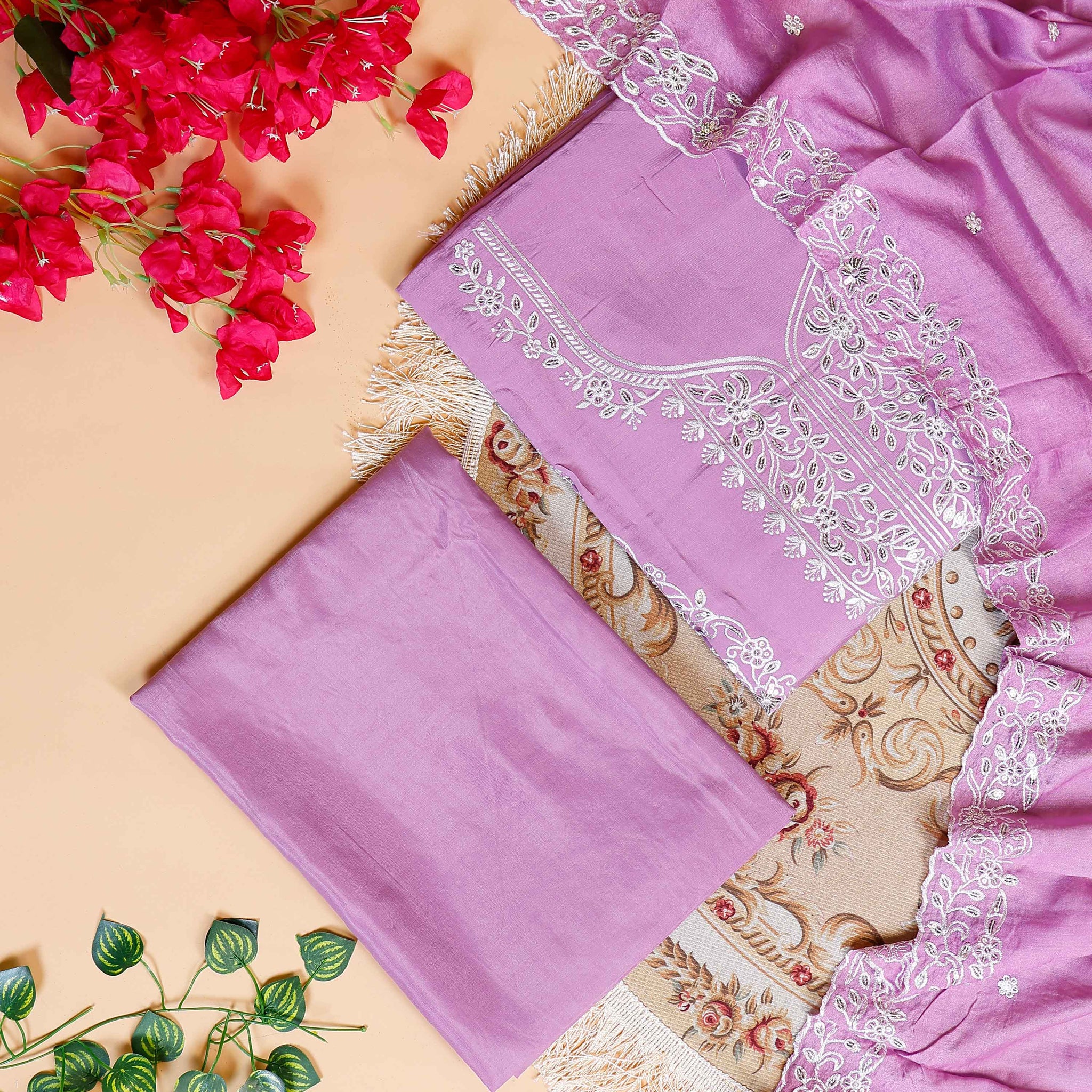 Women's Elegant Unstitched Embroidered Salwar Suit Material with Dupatta - Lavender
