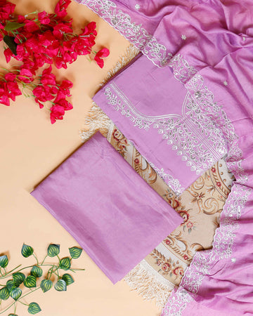 Women's Elegant Unstitched Embroidered Salwar Suit Material with Dupatta - Lavender