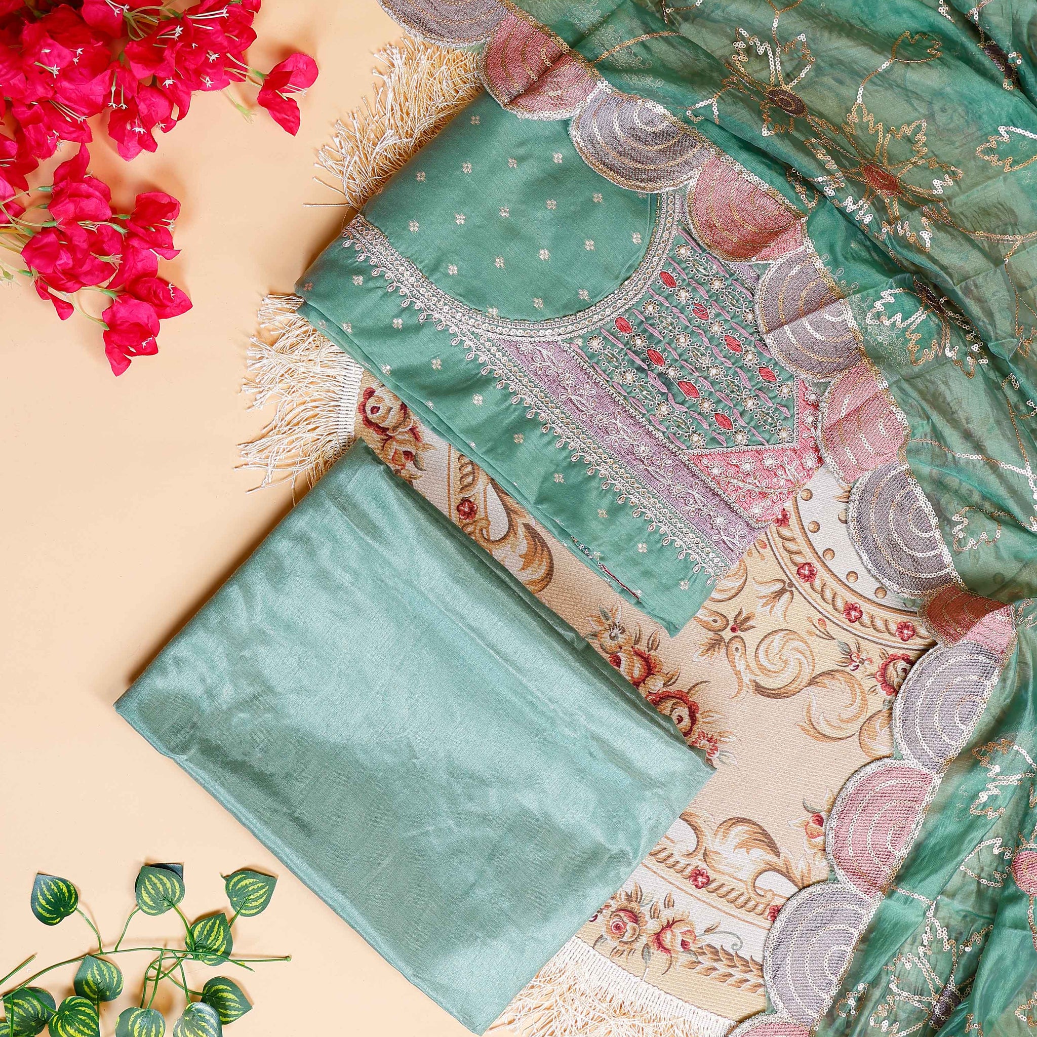 Women's Embroidered Floral Motif Salwar Suit Material with Dupatta - Green