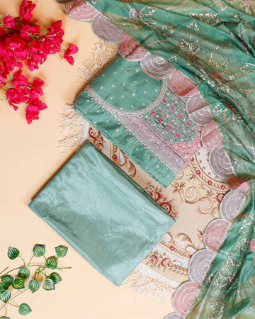 Women's Embroidered Floral Motif Salwar Suit Material with Dupatta - Green