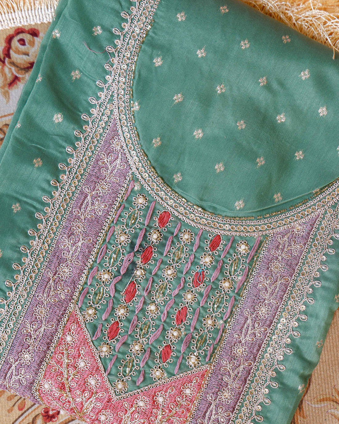 Women's Embroidered Floral Motif Salwar Suit Material with Dupatta - Green