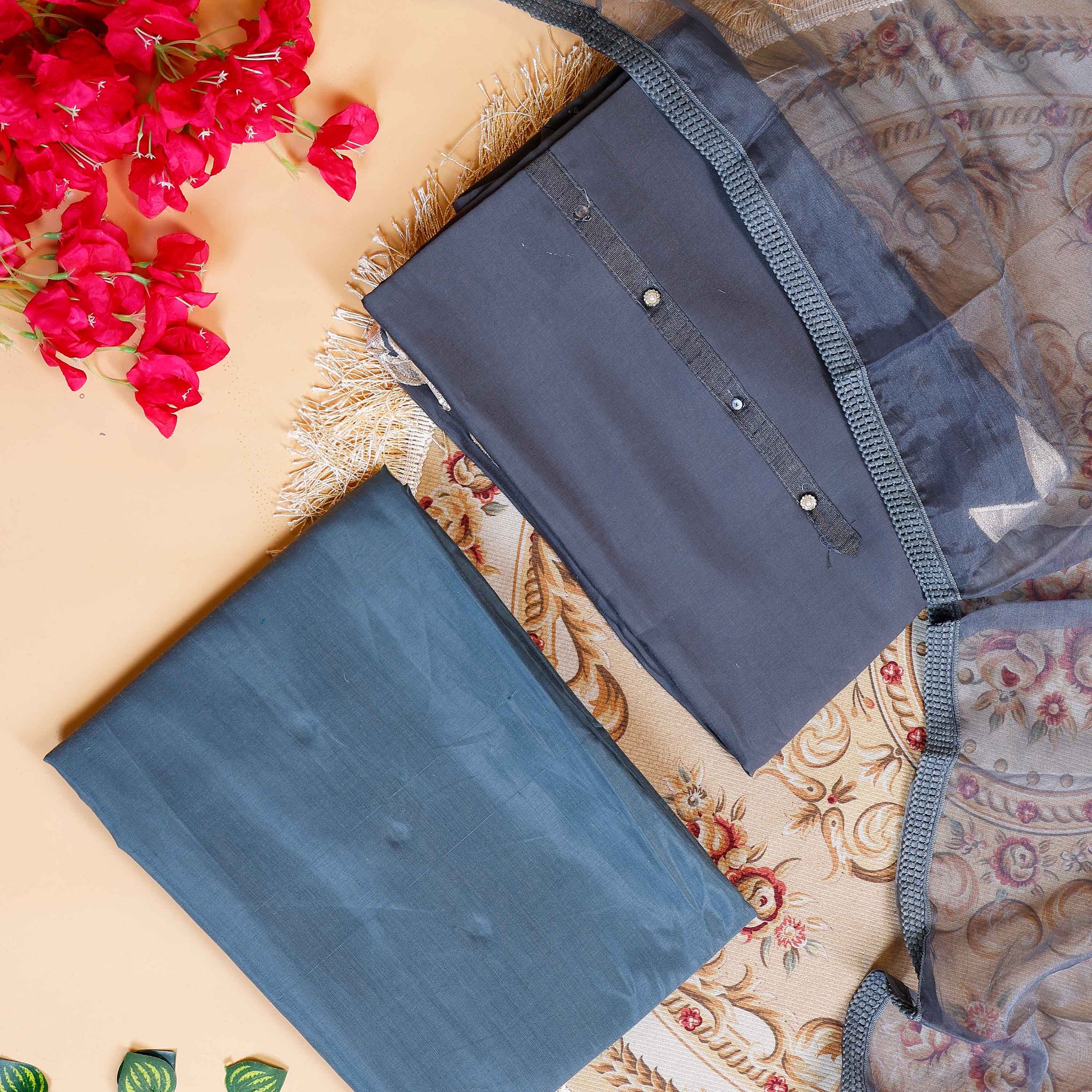 Women's Elegant Unstitched Salwar Suit Material with Embellished Neckline & Printed Dupatta  - Dark Grey