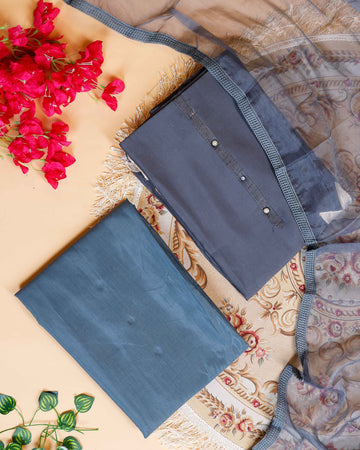 Women's Elegant Unstitched Salwar Suit Material with Embellished Neckline & Printed Dupatta  - Dark Grey