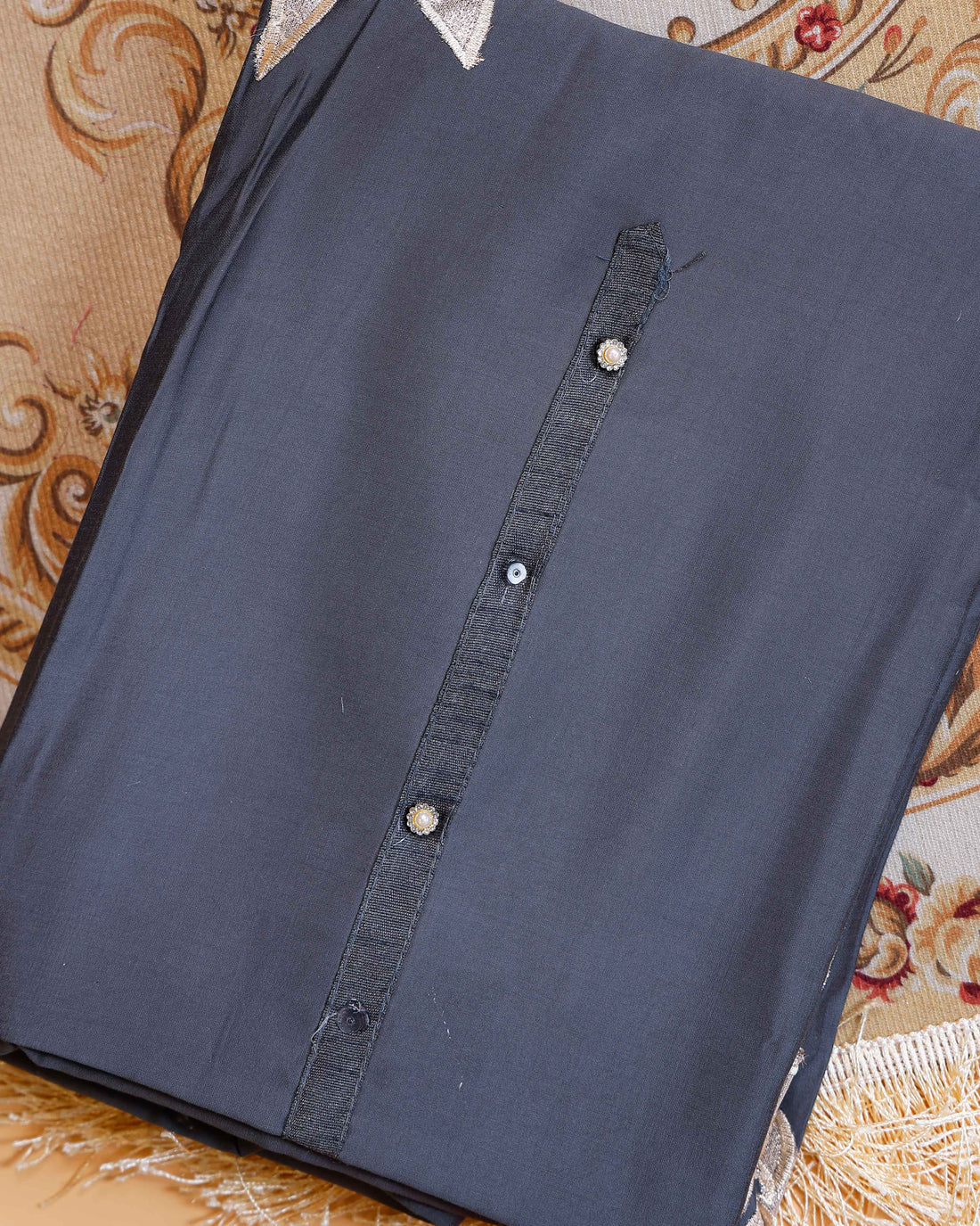 Women's Elegant Unstitched Salwar Suit Material with Embellished Neckline & Printed Dupatta  - Dark Grey