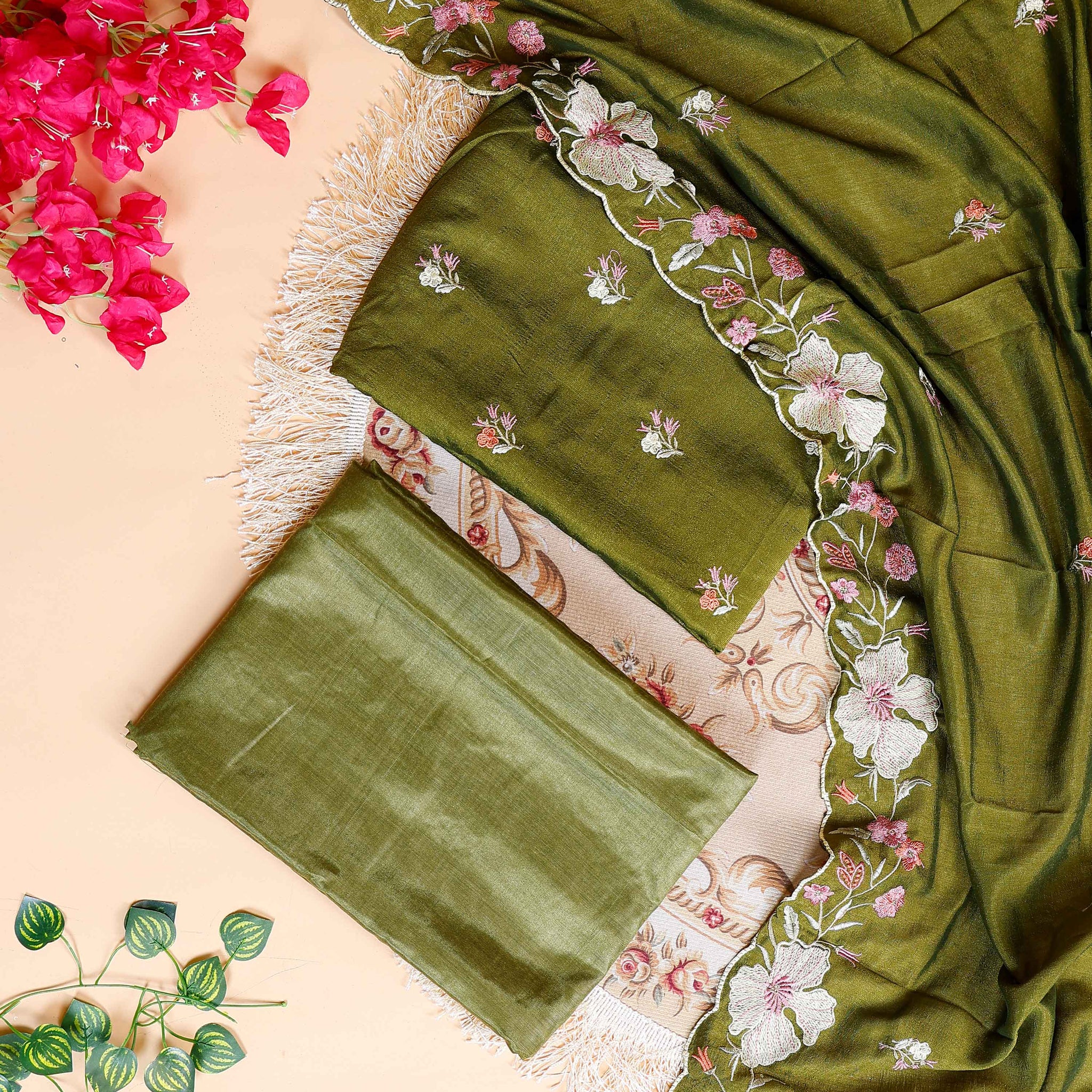 Women's Designer Unstitched Salwar Material with Intricate Floral Work  - Green