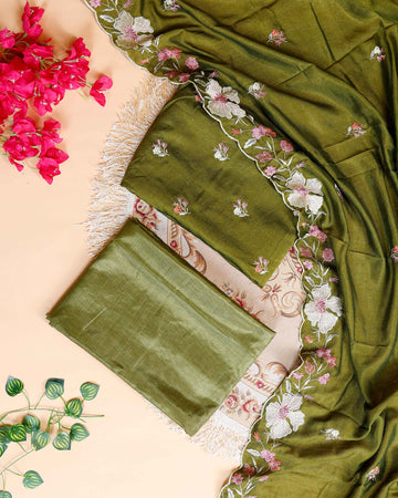 Women's Designer Unstitched Salwar Material with Intricate Floral Work  - Green