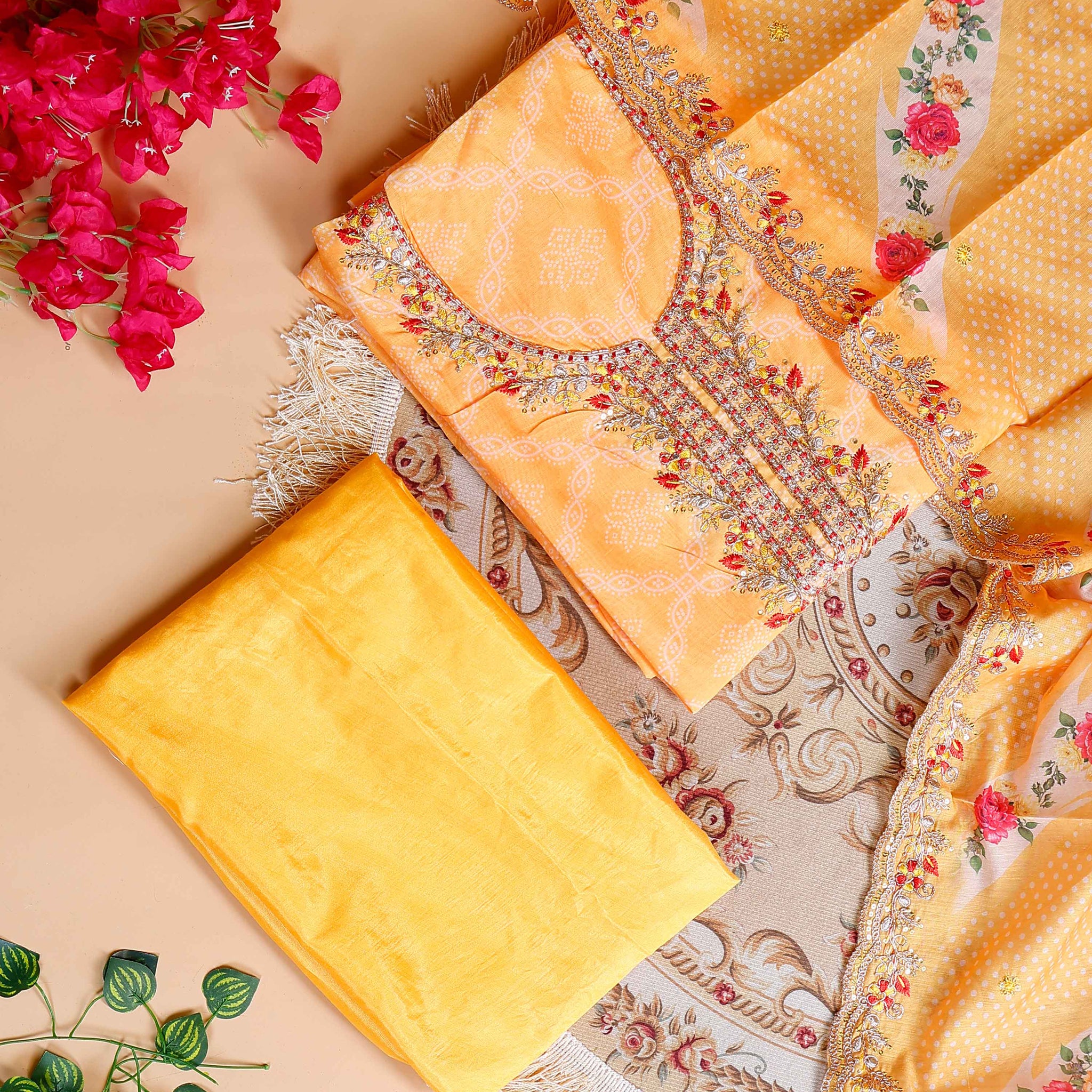 Women's Embroidered Neckline Printed Unstitched Salwar Material with Coordinating Dupatta- Yellow