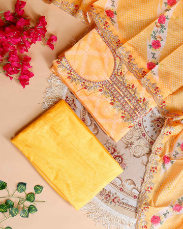 Women's Embroidered Neckline Printed Unstitched Salwar Material with Coordinating Dupatta- Yellow
