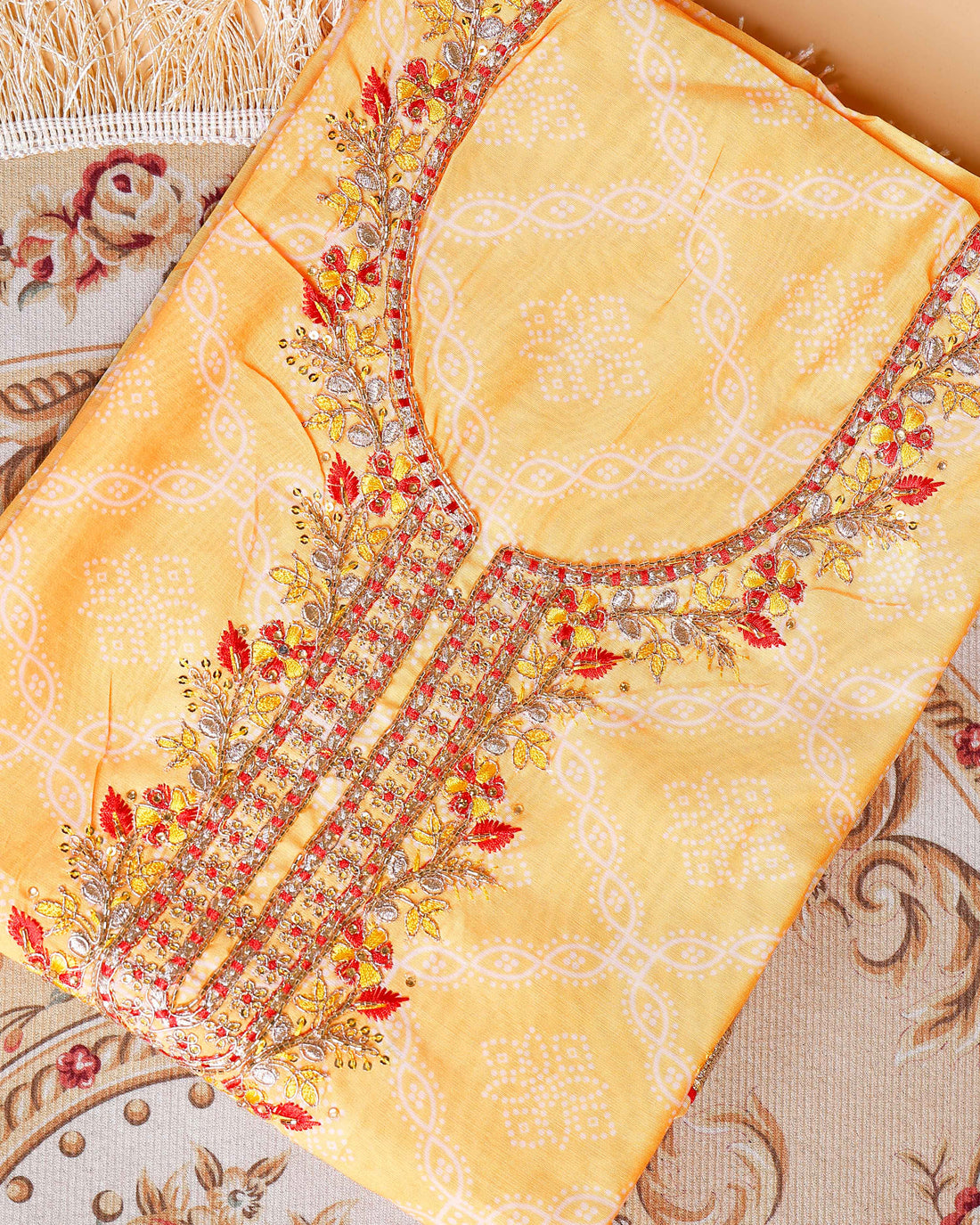 Women's Embroidered Neckline Printed Unstitched Salwar Material with Coordinating Dupatta- Yellow