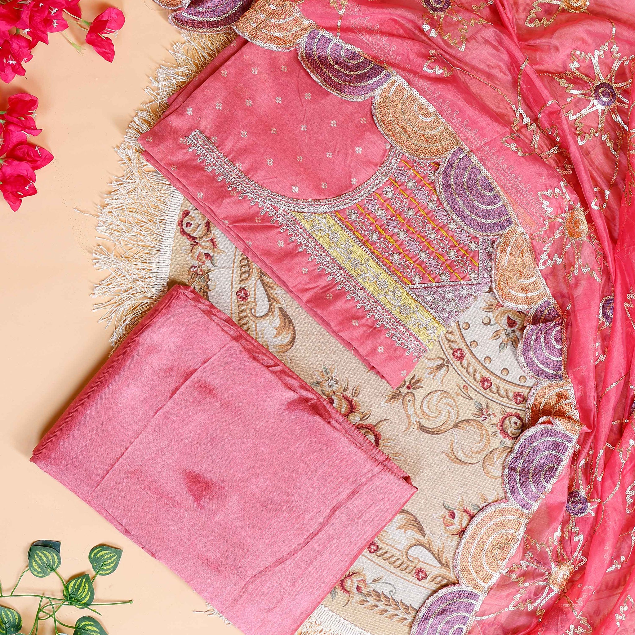 Women's Embroidered Floral Motif Salwar Suit Material with Dupatta - Pink