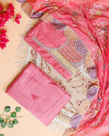 Women's Embroidered Floral Motif Salwar Suit Material with Dupatta - Pink