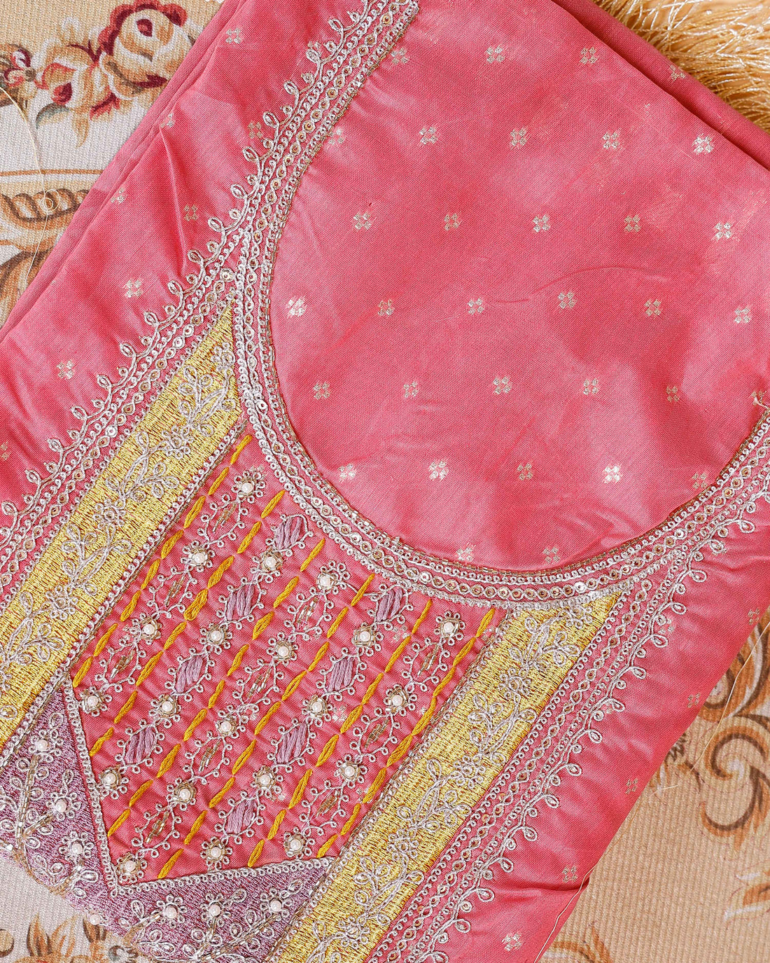Women's Embroidered Floral Motif Salwar Suit Material with Dupatta - Pink