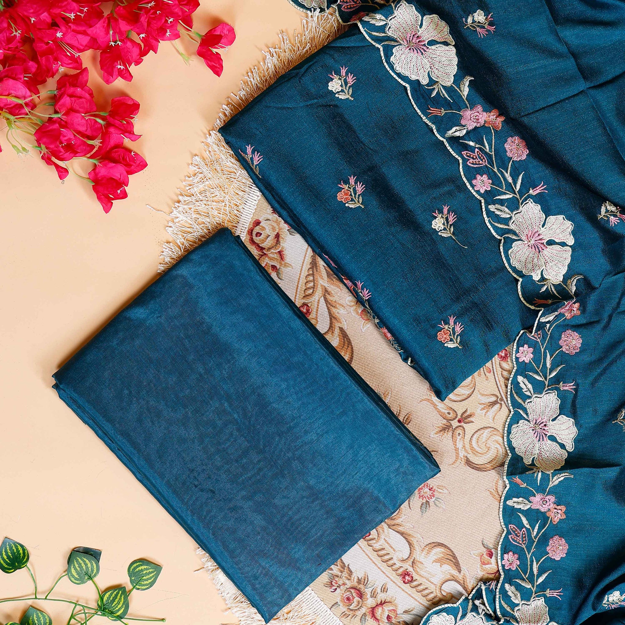 Women's Designer Unstitched Salwar Material with Intricate Floral Work - Teal