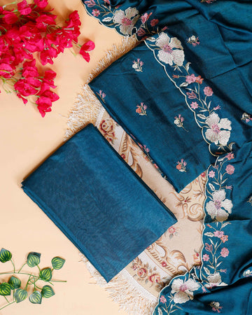 Women's Designer Unstitched Salwar Material with Intricate Floral Work - Teal