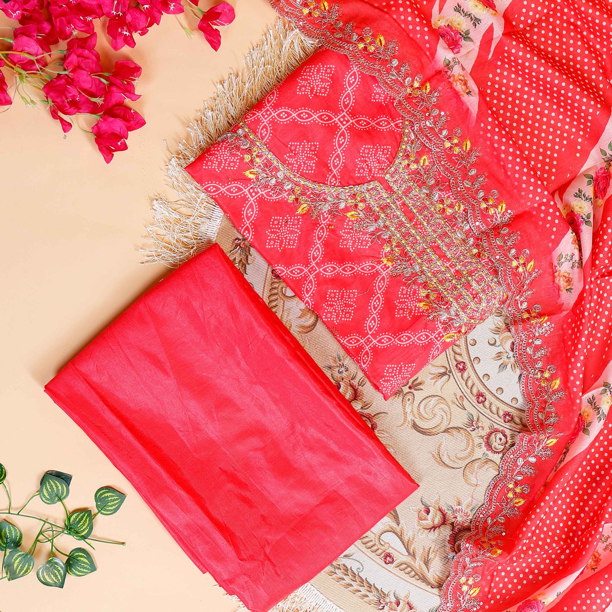 Women's Embroidered Neckline & Printed Unstitched Salwar Material with Coordinated Dupatta - Red