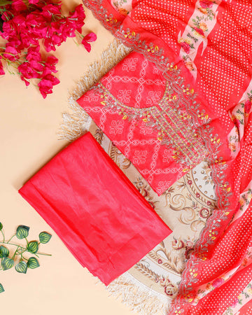 Women's Embroidered Neckline & Printed Unstitched Salwar Material with Coordinated Dupatta - Red