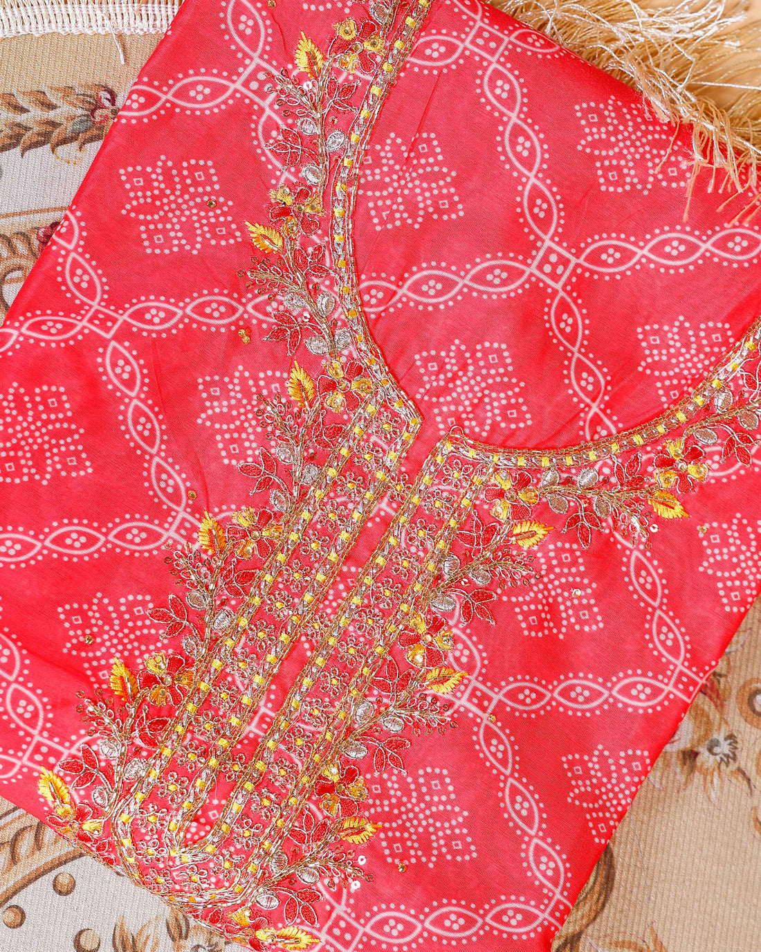 Women's Embroidered Neckline & Printed Unstitched Salwar Material with Coordinated Dupatta - Red
