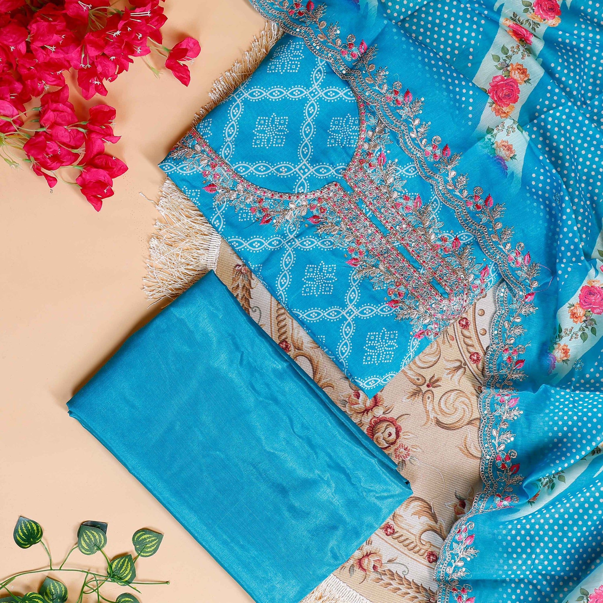 Women's Embroidered Neckline & Printed Unstitched Salwar Material with Coordinated Dupatta - Blue