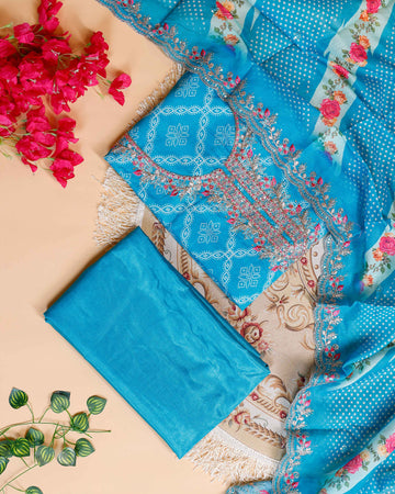 Women's Embroidered Neckline & Printed Unstitched Salwar Material with Coordinated Dupatta - Blue