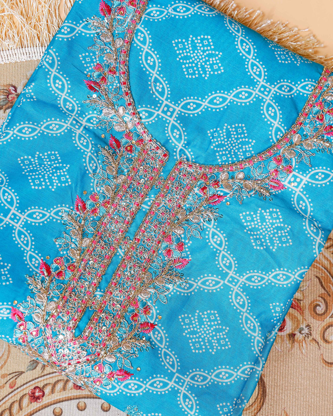 Women's Embroidered Neckline & Printed Unstitched Salwar Material with Coordinated Dupatta - Blue