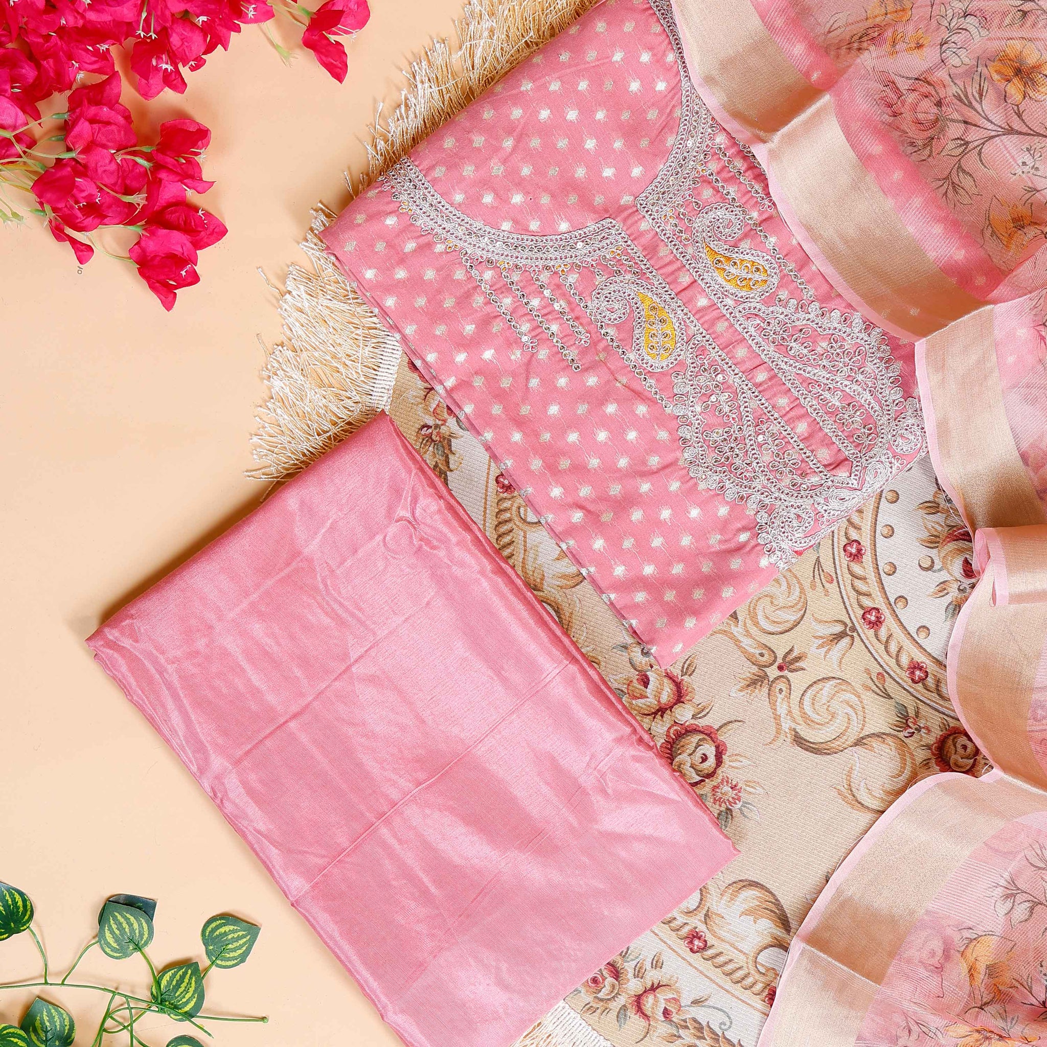 Women's Unstitched Art Silk Salwar Suit Material with Self-Design & Embroidered Neckline - Pink