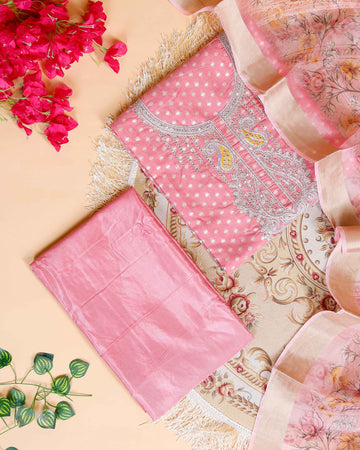 Women's Unstitched Art Silk Salwar Suit Material with Self-Design & Embroidered Neckline - Pink