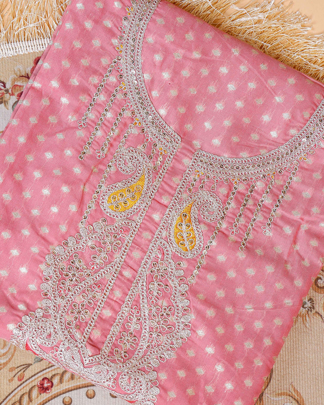 Women's Unstitched Art Silk Salwar Suit Material with Self-Design & Embroidered Neckline - Pink