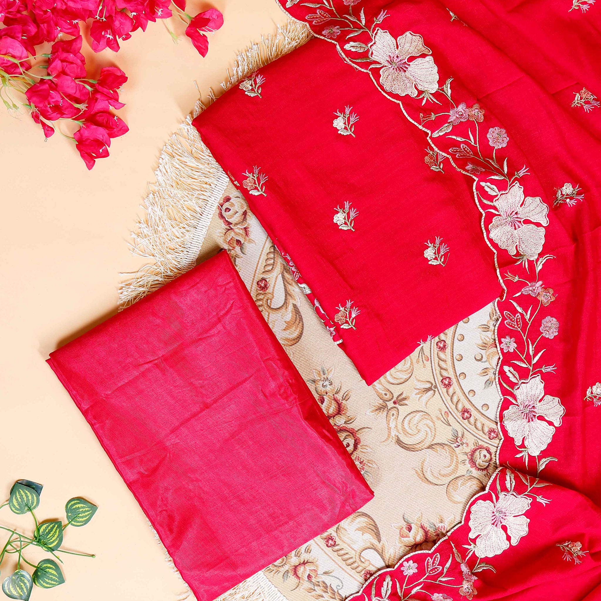 Women's Designer Unstitched Salwar Material with Intricate Floral Work - Red