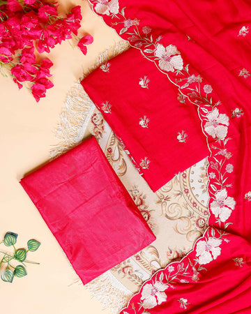 Women's Designer Unstitched Salwar Material with Intricate Floral Work - Red