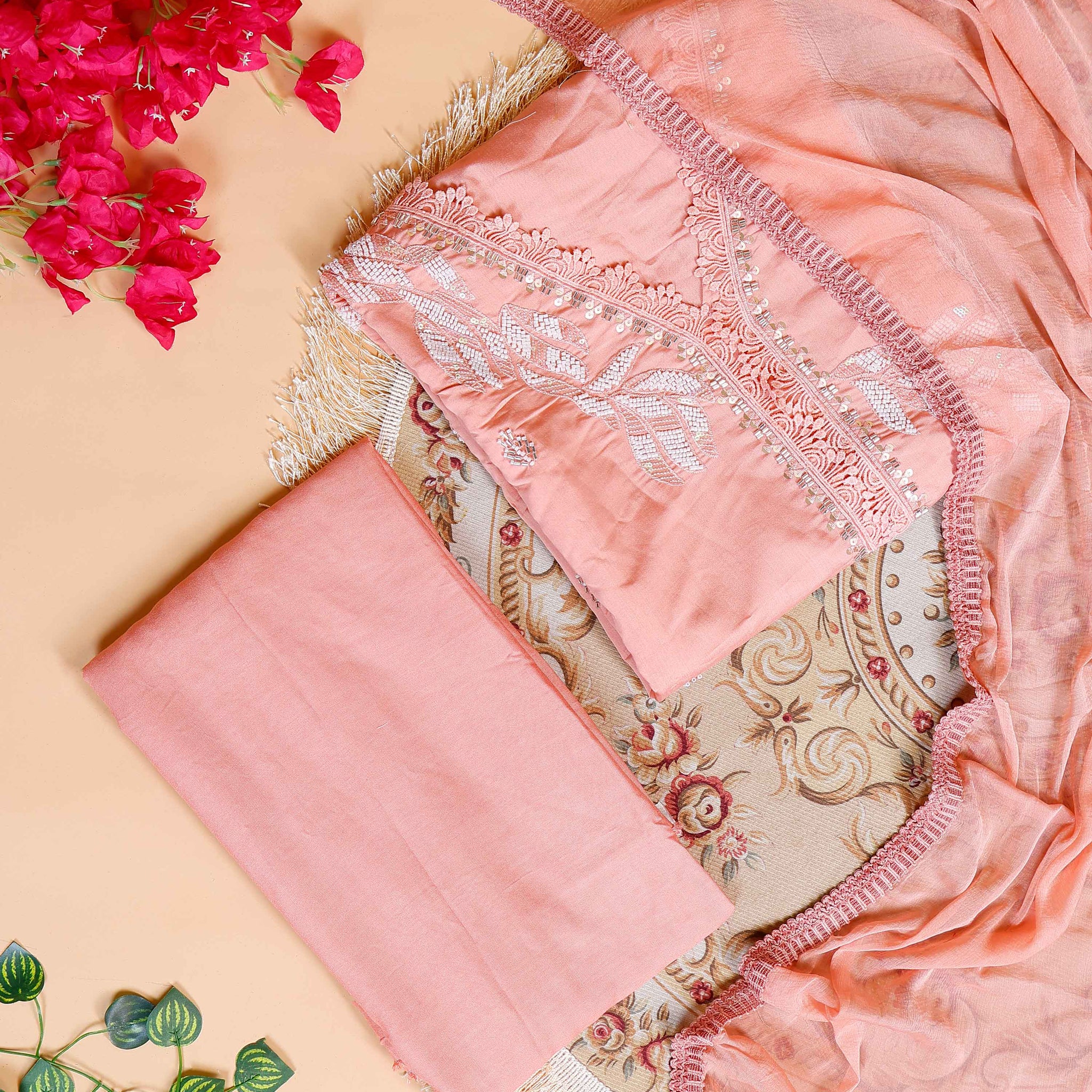 Women's Unstitched Salwar Material Set with Intricate Embroidered Neckline and Lightweight Dupatta - Peach