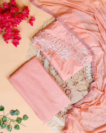 Women's Unstitched Salwar Material Set with Intricate Embroidered Neckline and Lightweight Dupatta - Peach